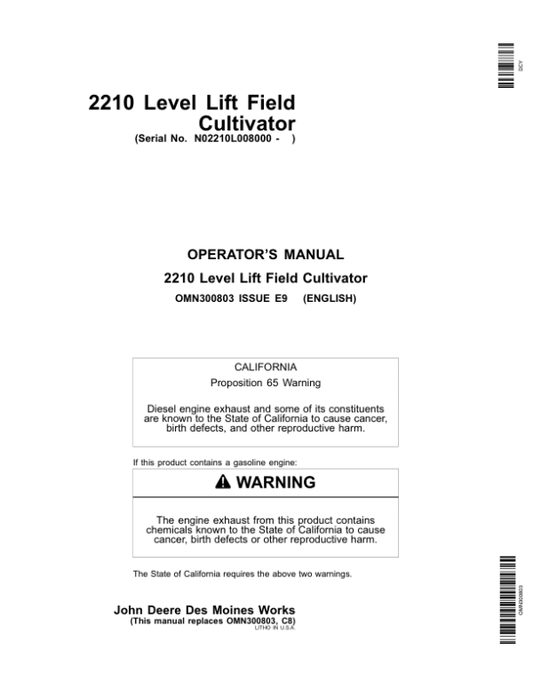 John Deere 2210 Level-Lift Field Cultivator North America (008000-039999) Operator’s Manual (OMN300803) Workshop Guide