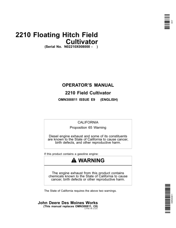 John Deere 2210 Floating Hitch Field Cultivator North America (008000-760100) Operator’s Manual (OMN300811) Workshop Guide