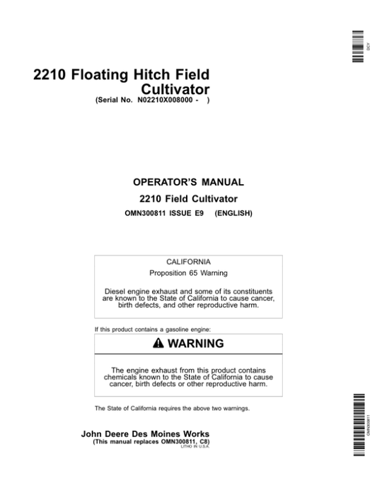 John Deere 2210 Floating Hitch Field Cultivator North America (008000-760100) Operator’s Manual (OMN300811) Workshop Guide