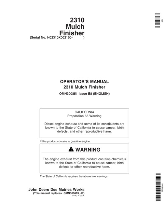 John Deere 2310 Mulch Finisher (002100-) Operator’s Manual (OMN300851) Workshop Guide
