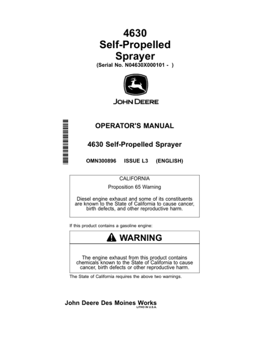 John Deere 4630 Self-Propelled Sprayers North America (000101-018000) Operator’s Manual (OMN300896) Workshop Guide