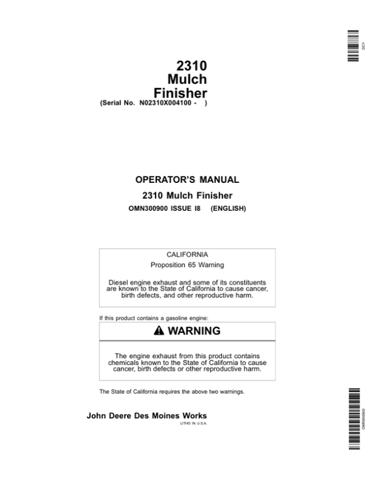 John Deere 2310 Mulch Finisher (004100-) Operator’s Manual (OMN300900) Workshop Guide