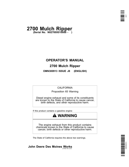 John Deere 2700 Mulch Ripper Operator’s Manual (OMN300913) Workshop Guide