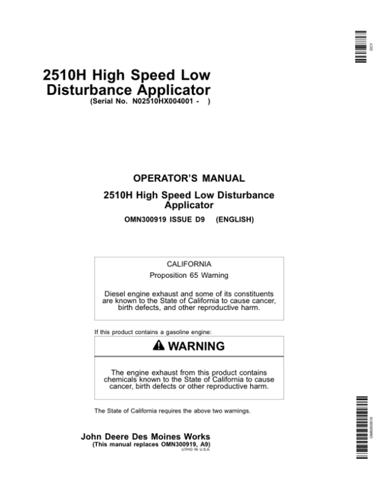 John Deere 2510H High-Speed Applicators (Low-Disturbance) North America (004001-740100) Operator’s Manual (OMN300919) Workshop Guide