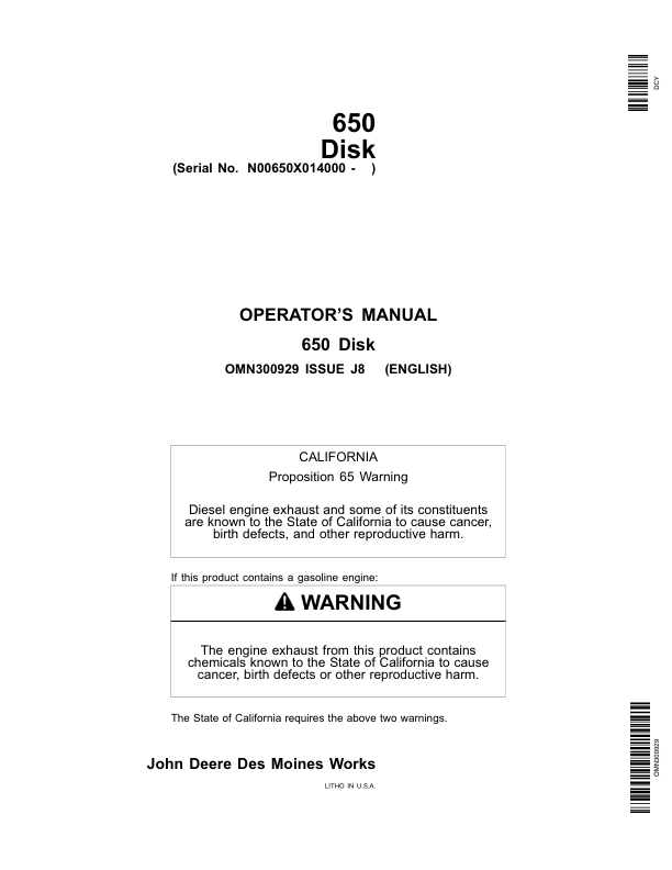 John Deere 650 Disk (014000-) Operator’s Manual (OMN300929) Workshop Guide