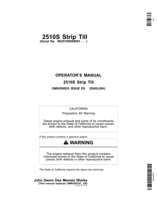 John Deere 2510S Strip Till Applicator Operator’s Manual (OMN300935) Workshop Guide