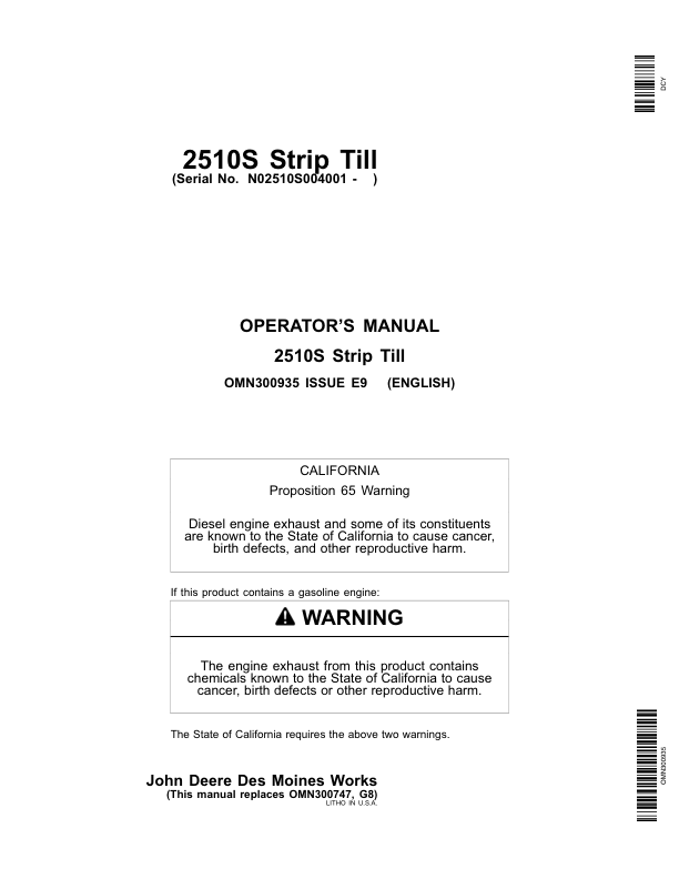 John Deere 2510S Strip Till Applicator Operator’s Manual (OMN300935) Workshop Guide