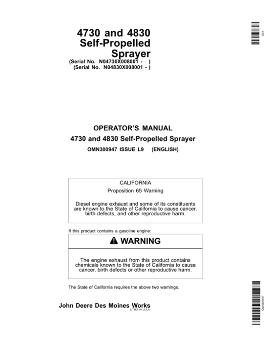 John Deere 4730 & 4830 Self-Propelled Sprayer North America (008001-013000) Operator’s Manual (OMN300947) Workshop Guide