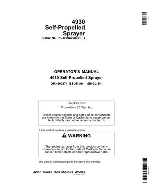 John Deere 4930 Self-Propelled Sprayer (008001-) Operator’s Manual (OMN300974) Workshop Guide