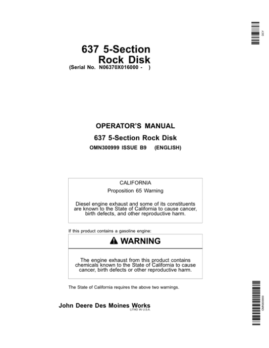 John Deere 637 5-Section Rock Disk (016000-) Operator’s Manual (OMN300999) Workshop Guide