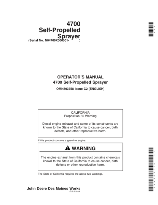 John Deere 4700 Self-Propelled Sprayer Operator’s Manual (OMN303758) Workshop Guide