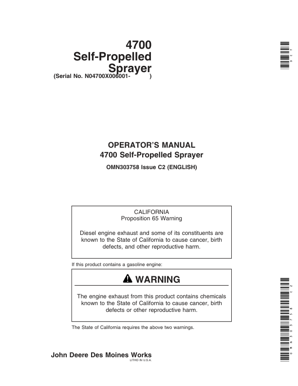 John Deere 4700 Self-Propelled Sprayer Operator’s Manual (OMN303758) Workshop Guide