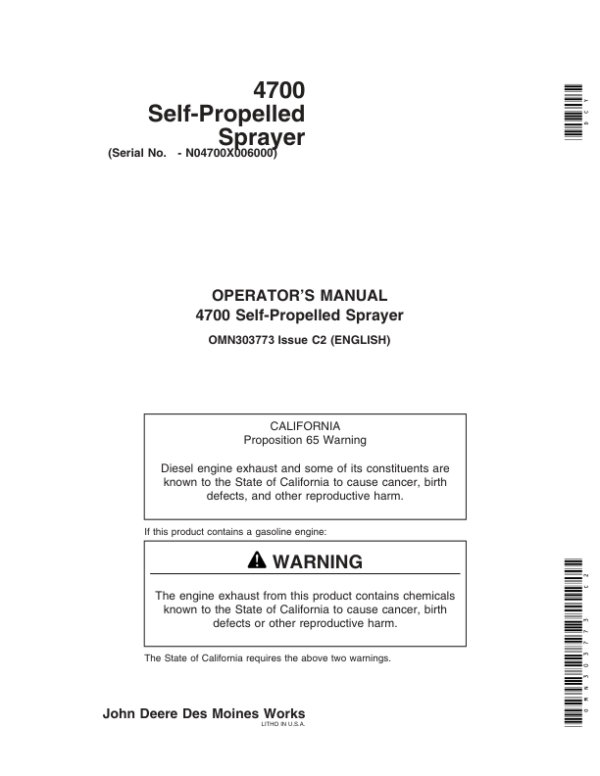 John Deere 4700 Self-Propelled Sprayer Operator’s Manual (OMN303773) Workshop Guide