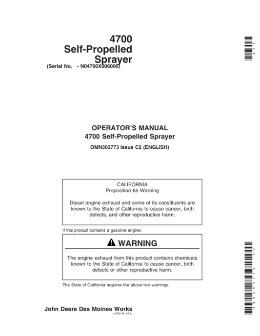 John Deere 4700 Self-Propelled Sprayer Operator’s Manual (OMN303773) Workshop Guide