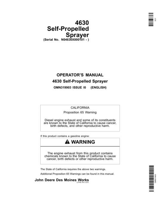 John Deere 4630 Self-Propelled Sprayer European Edition (000101-018000) Operator’s Manual (OMN319903) Workshop Guide