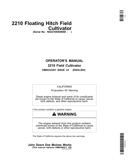 John Deere 2210 Floating Hitch Field Cultivator European Edition (008000- ) Operator’s Manual (OMN332301) Workshop Guide