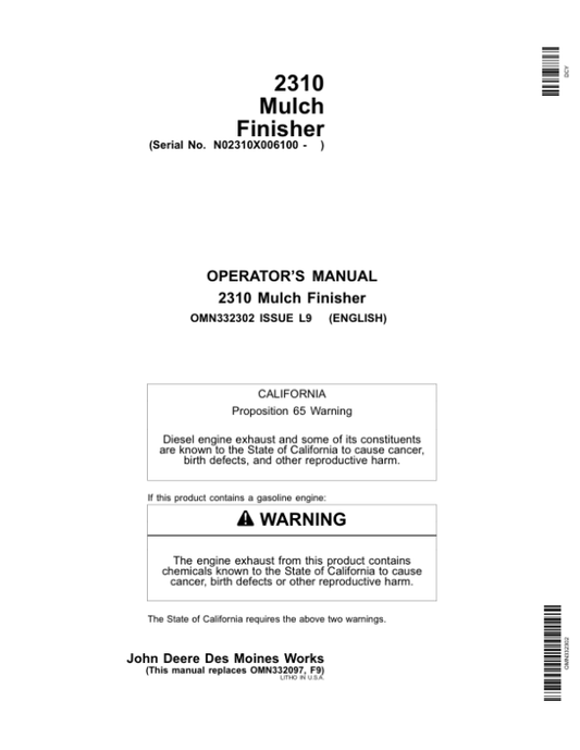 John Deere 2310 Mulch Finisher (006100-) Operator’s Manual (OMN332302) Workshop Guide
