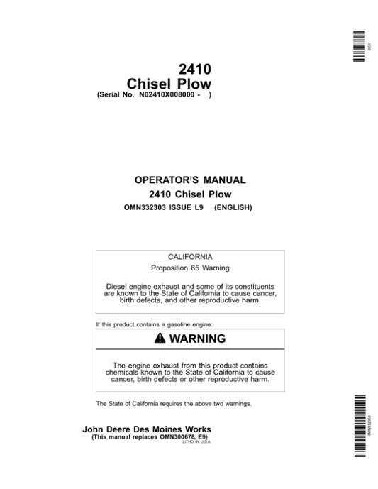 John Deere 2410 Chisel Plow Export Edition (008000-011999) Operator’s Manual (OMN332303) Workshop Guide