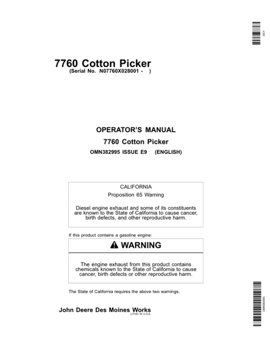John Deere 7760 Cotton Picker (028001-) Operator’s Manual (OMN382995) Workshop Guide