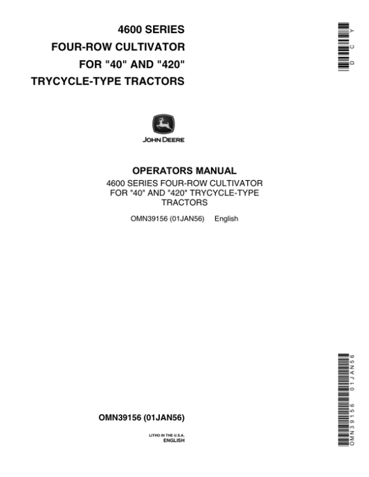 John Deere 4600 Series Four-Row Cultivator Operator’s Manual (OMN39156) Workshop Guide
