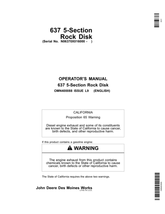John Deere 637 5-Section Rock Disk (016000-) Operator’s Manual (OMN400088) Workshop Guide