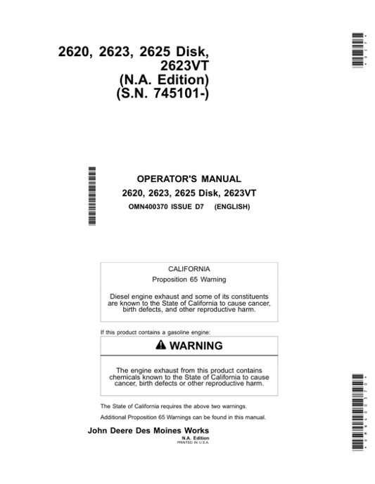 John Deere 2620, 2623, 2625 & 2623VT Disk Operator’s Manual (OMN400370) Workshop Guide