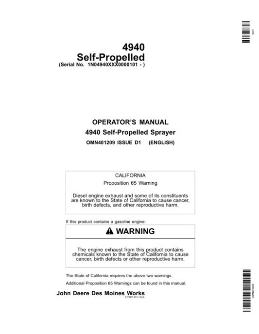 John Deere 4940 Self-Propelled Sprayer (000101-) Operator’s Manual (OMN401209) Workshop Guide