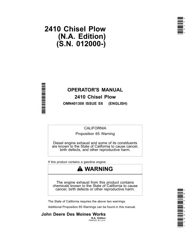 John Deere 2410 Chisel Plows (North American) Operator’s Manual (OMN401308) Workshop Guide