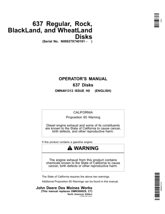 John Deere 637 Regular, Rock, BlackLand, Wheatland Disks (740101-) Operator’s Manual (OMN401312) Workshop Guide