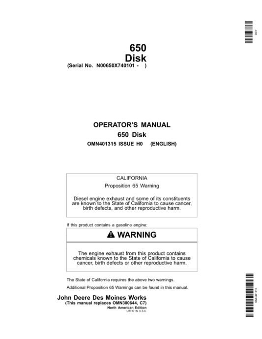 John Deere 650 Tandem Flex-Fold Disk (740101-) Operator’s Manual (OMN401315) Workshop Guide