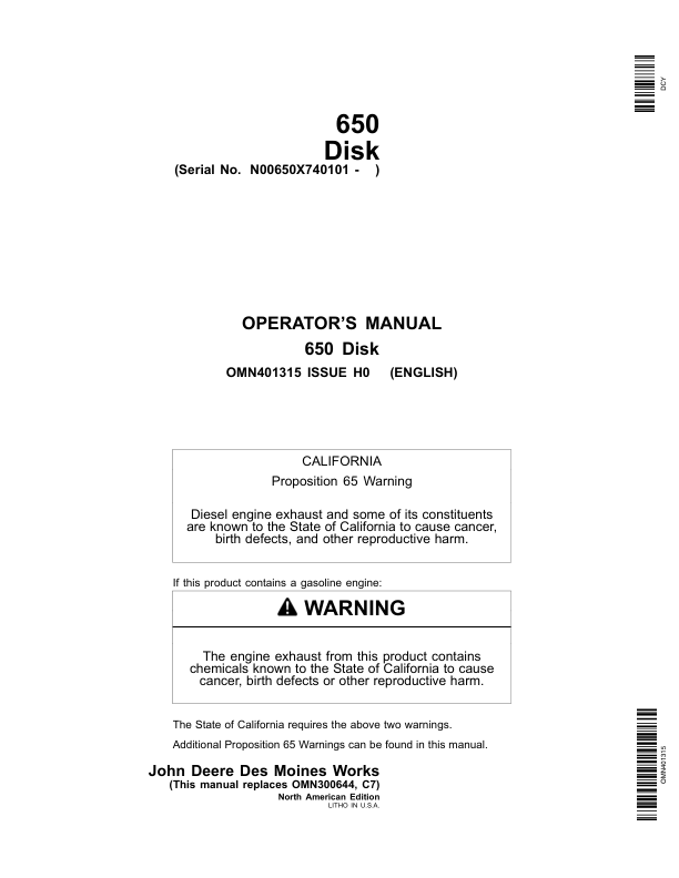 John Deere 650 Tandem Flex-Fold Disk (740101-) Operator’s Manual (OMN401315) Workshop Guide
