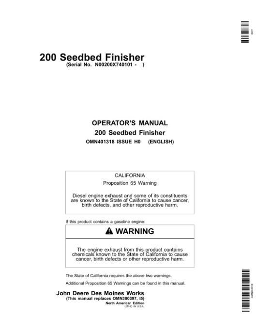 John Deere 200 Seedbed Finisher Operator’s Manual (OMN401318) Workshop Guide