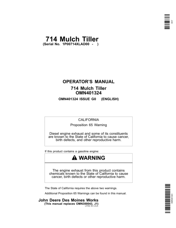 John Deere 714 Mulch Tillers Operator’s Manual (OMN401324) Workshop Guide