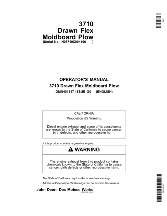 John Deere 3710 Drawn FlexMoldboard (004400-) Operator’s Manual (OMN401347) Workshop Guide