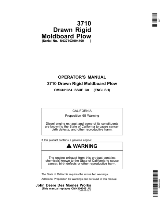 John Deere 3710 Drawn RigidMoldboard (004400-) Operator’s Manual (OMN401354) Workshop Guide