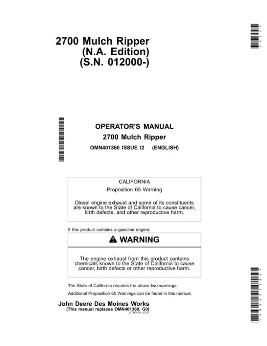 John Deere 2700 Mulch Ripper Operator’s Manual (OMN401360) Workshop Guide