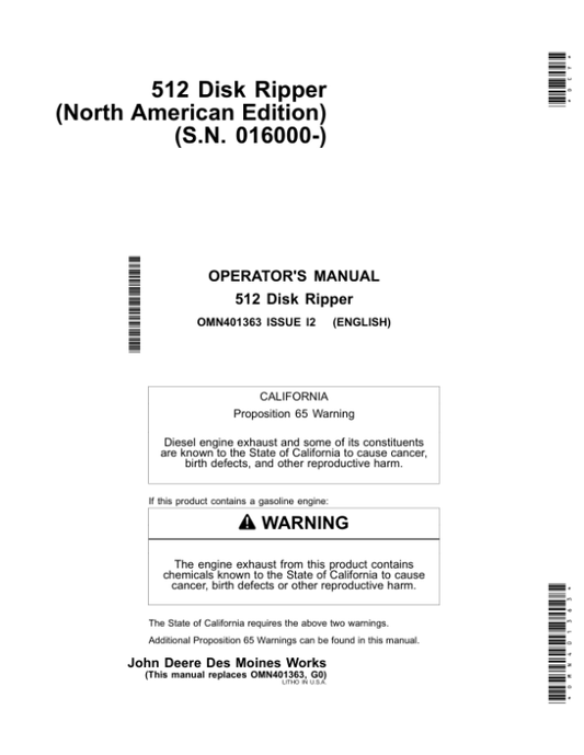 John Deere 512 Disk Ripper (016000-) Operator’s Manual (OMN401363) Workshop Guide