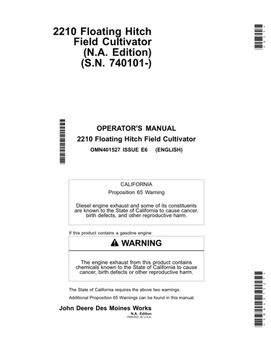 John Deere 2210 Floating-Hitch Field Cultivators (North American) Operator’s Manual (OMN401527) Workshop Guide