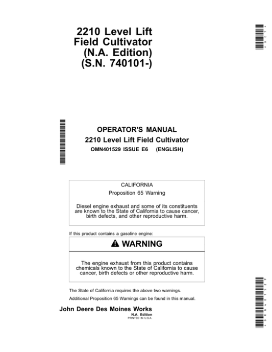 John Deere 2210 Level-Lift Field Cultivators (North American) Operator’s Manual (OMN401529) Workshop Guide