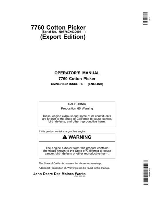 John Deere 7760 Cotton Picker (030001-) Operator’s Manual (OMN401802) Workshop Guide
