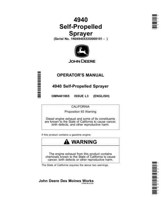 John Deere 4940 Self-Propelled Sprayer (000101-) Operator’s Manual (OMN401865) Workshop Guide