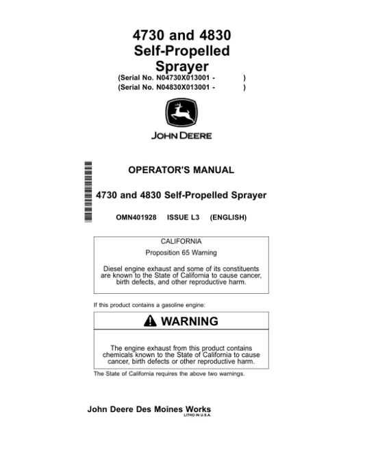 John Deere 4730 & 4830 Self-Propelled Sprayer North America (013001-018000) Operator’s Manual (OMN401928) Workshop Guide