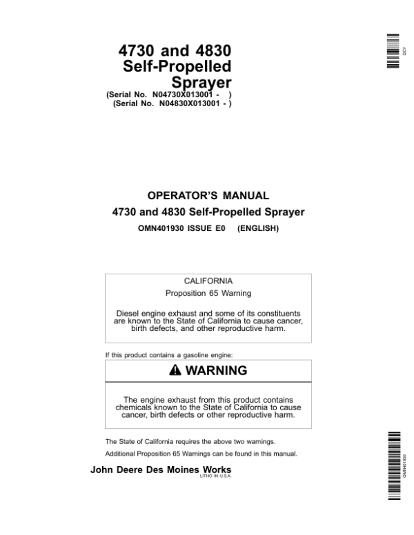 John Deere 4730 (013001-018000) & 4830 (013001-023000) Self-Propelled Sprayer (Export Edition) Operator’s Manual (OMN401930) Workshop Guide