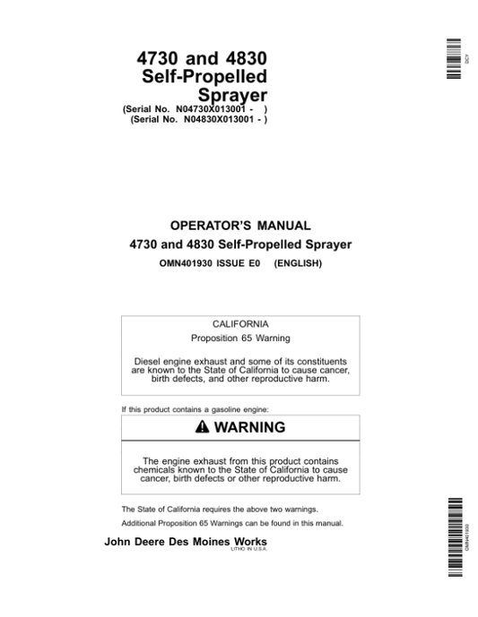 John Deere 4730 (013001-018000) & 4830 (013001-023000) Self-Propelled Sprayer (Export Edition) Operator’s Manual (OMN401930) Workshop Guide