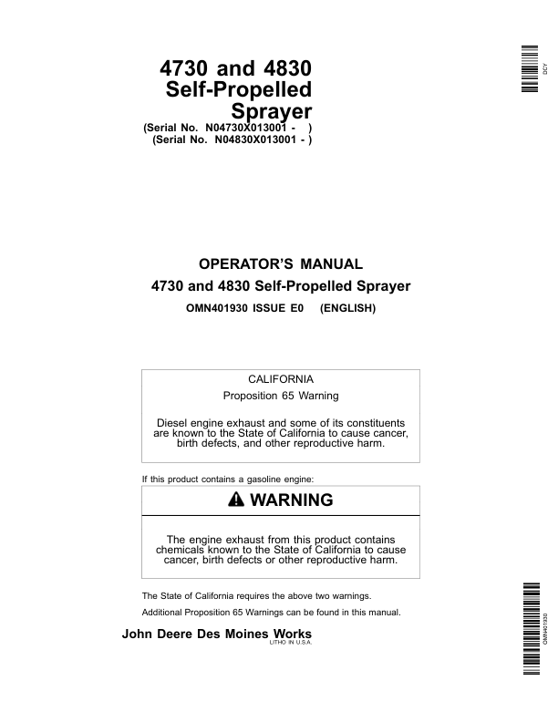 John Deere 4730 (013001-018000) & 4830 (013001-023000) Self-Propelled Sprayer (Export Edition) Operator’s Manual (OMN401930) Workshop Guide