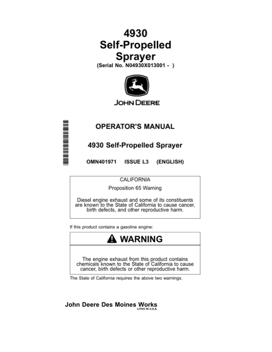 John Deere 4930 Self-Propelled Sprayer (013001-) Operator’s Manual (OMN401971) Workshop Guide