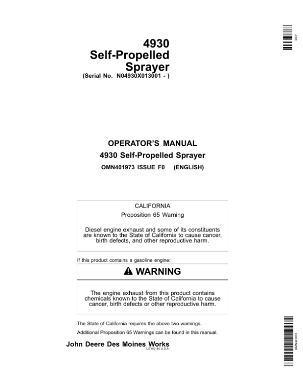 John Deere 4930 Self-Propelled Sprayer (013001-) Operator’s Manual (OMN401973) Workshop Guide