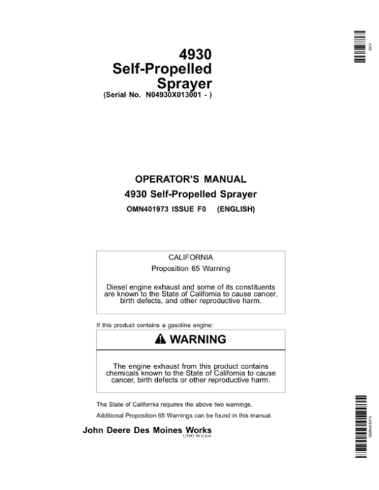 John Deere 4930 Self-Propelled Sprayer (013001-) Operator’s Manual (OMN401973) Workshop Guide