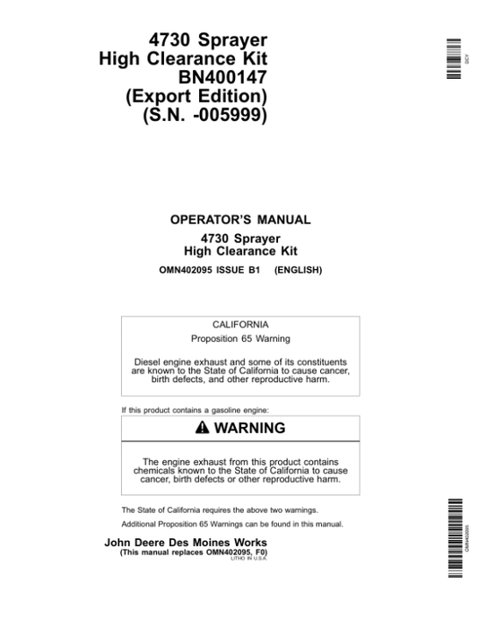 John Deere 4730 Sprayer High Clearance Kit Export Edition (000000-005999) Operator’s Manual (OMN402095) Workshop Guide