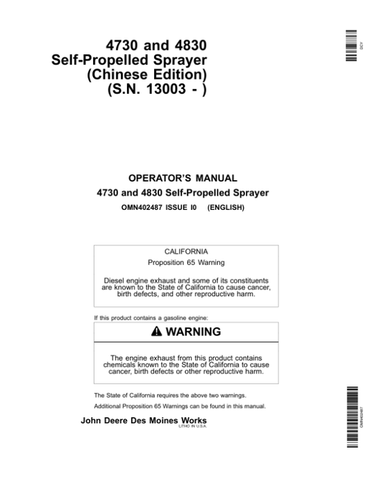 John Deere 4730 & 4830 Self-Propelled Sprayer Export Edition (013001-018000) Operator’s Manual (OMN402487) Workshop Guide